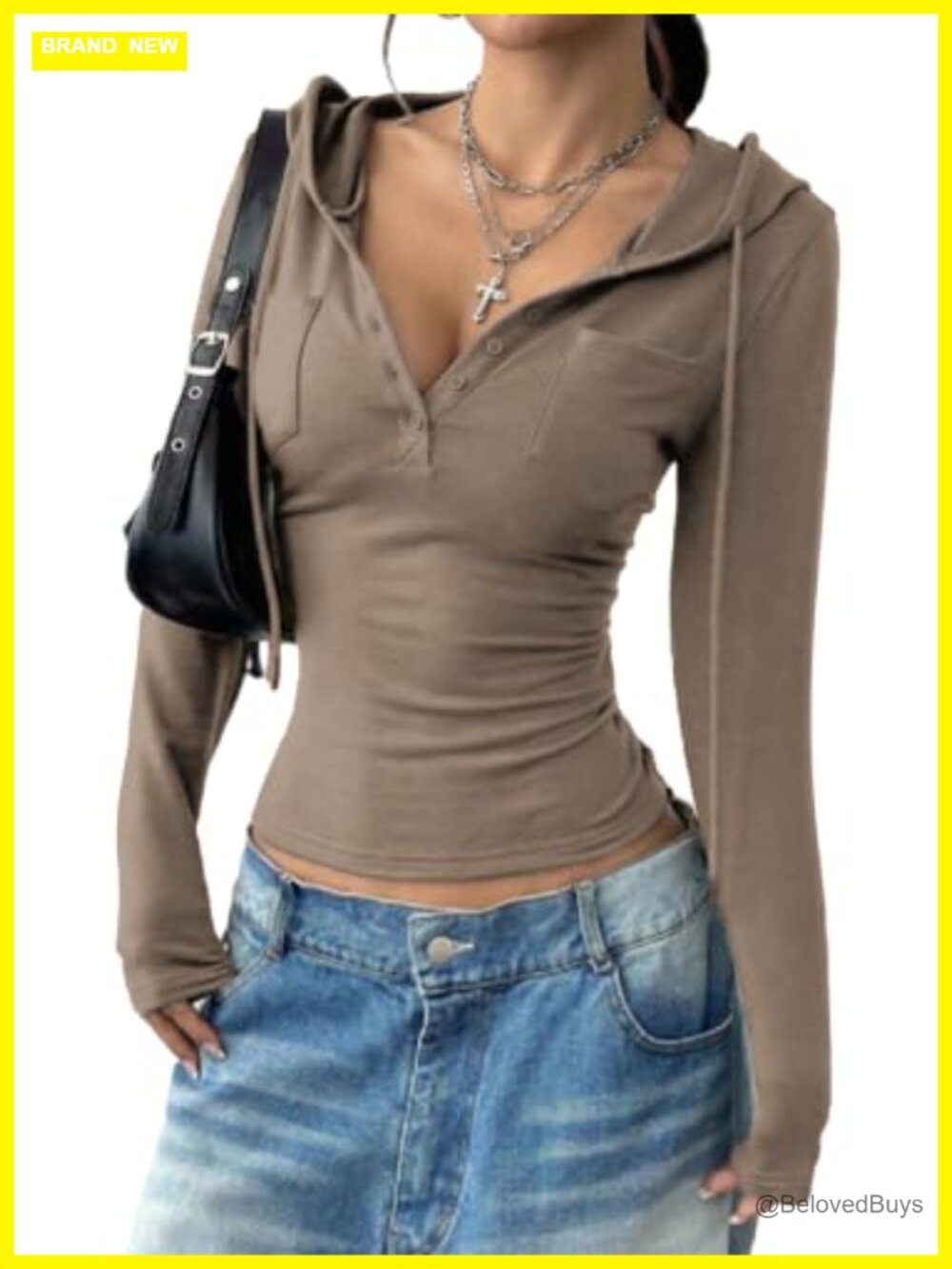 Y2K Cropped Hoodie Long Sleeve V-Neck Top Polyester Elastane Streetwear
